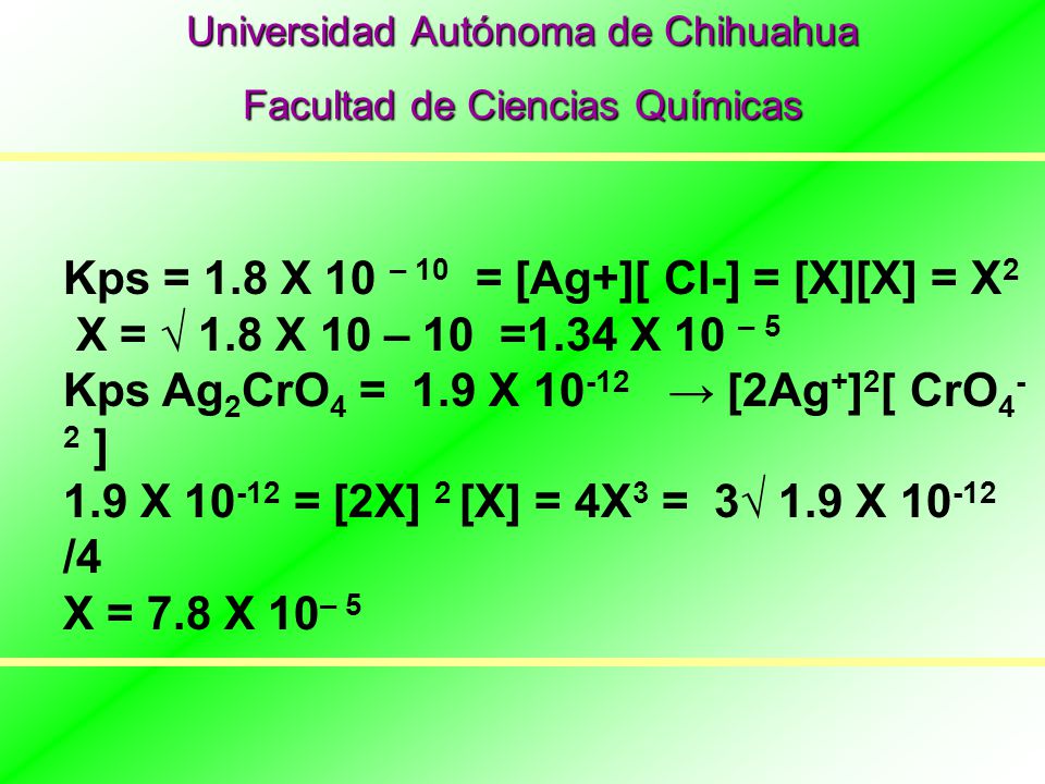 Kps = 1.8 X 10 – 10 = [Ag+][ Cl-] = [X][X] = X2