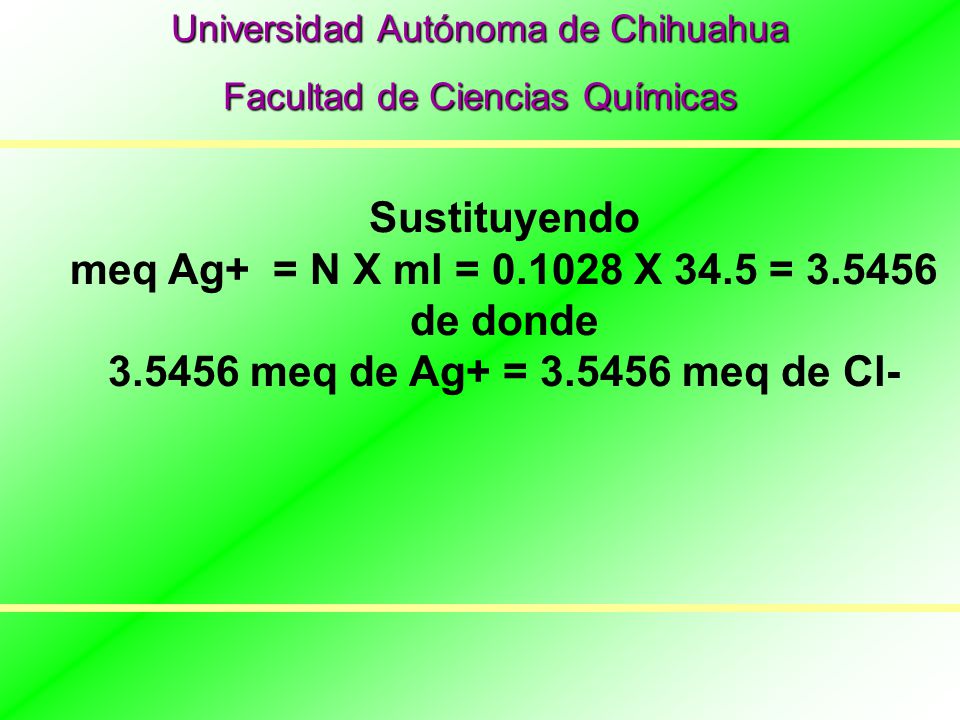 Sustituyendo meq Ag+ = N X ml = X 34.5 = de donde