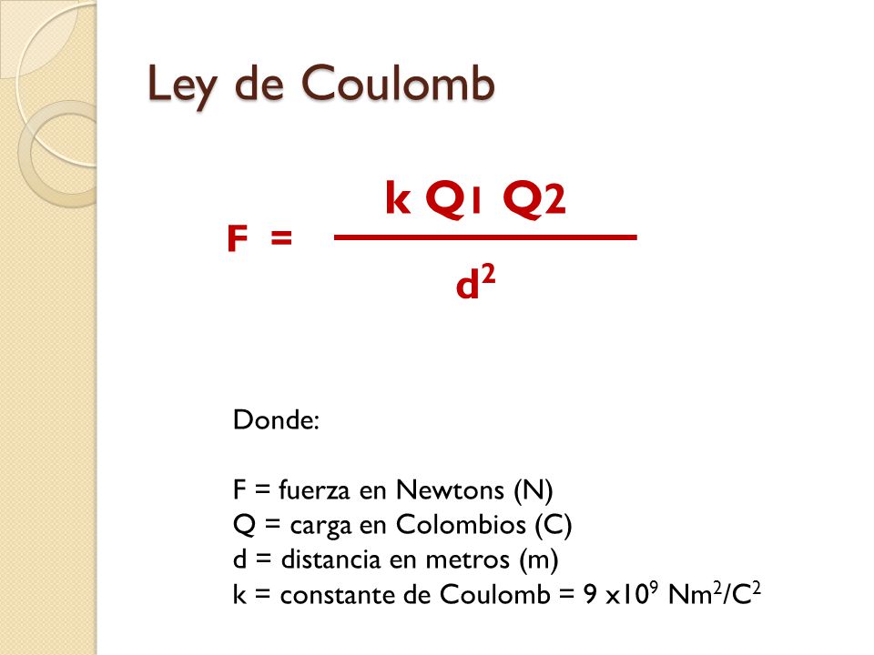 Ley de Coulomb k Q1 Q2 d2 F = Donde: F = fuerza en Newtons (N)