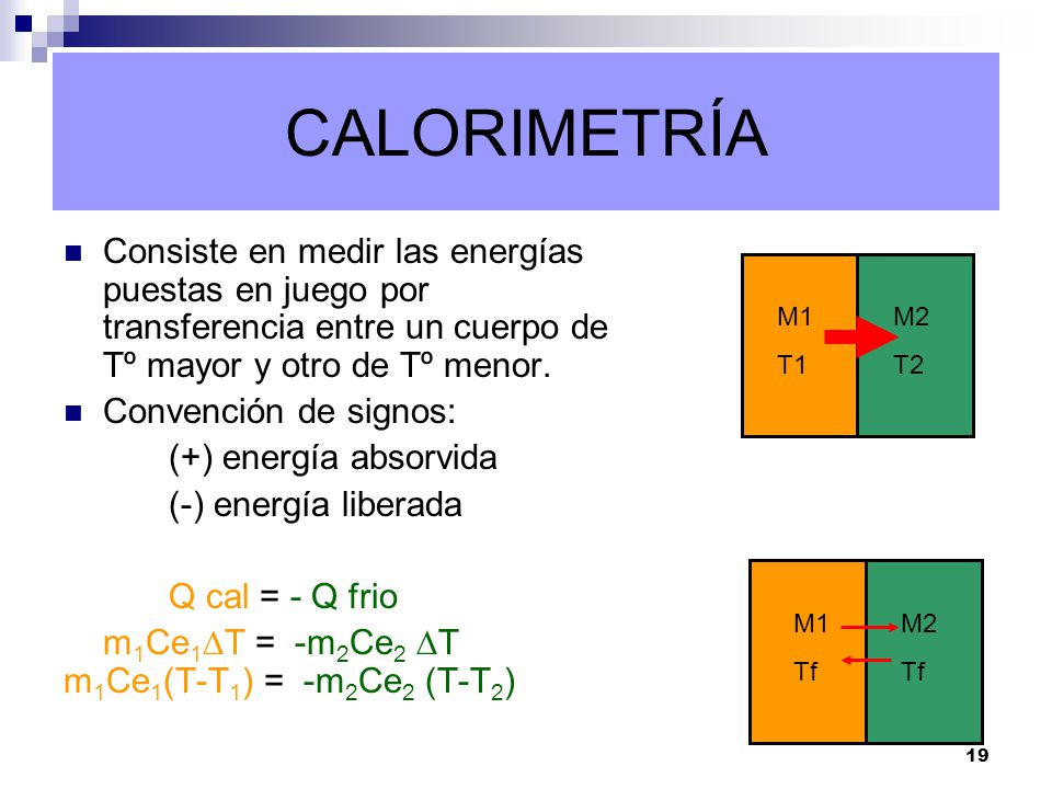 CALORIMETRÍA Consiste en medir las energías puestas en juego por transferencia entre un cuerpo de Tº mayor y otro de Tº menor.