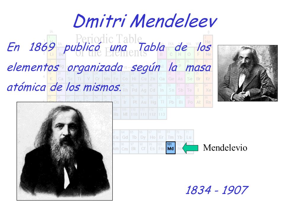 Dmitri Mendeleev En 1869 publicó una Tabla de los elementos organizada según la masa atómica de los mismos.