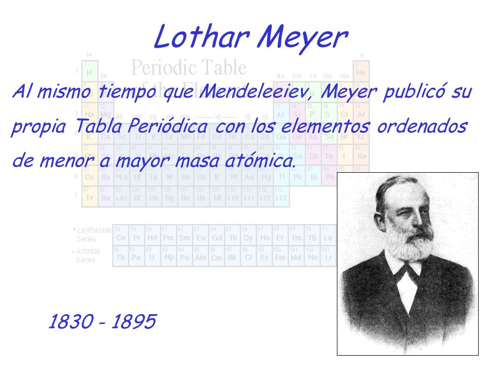 Lothar Meyer Al mismo tiempo que Mendeleeiev, Meyer publicó su propia Tabla Periódica con los elementos ordenados de menor a mayor masa atómica.