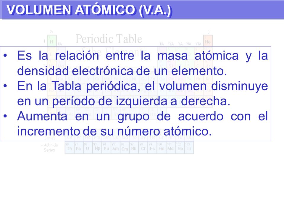 VOLUMEN ATÓMICO (V.A.) Es la relación entre la masa atómica y la densidad electrónica de un elemento.