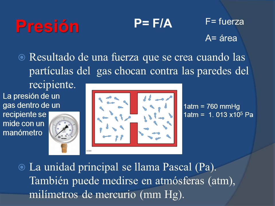 Presión P= F/A. F= fuerza. A= área. Resultado de una fuerza que se crea cuando las partículas del gas chocan contra las paredes del recipiente.