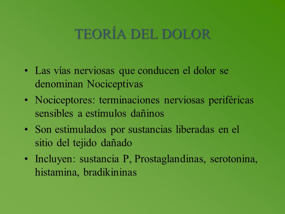 TEORÍA DEL DOLOR Las vías nerviosas que conducen el dolor se denominan Nociceptivas.