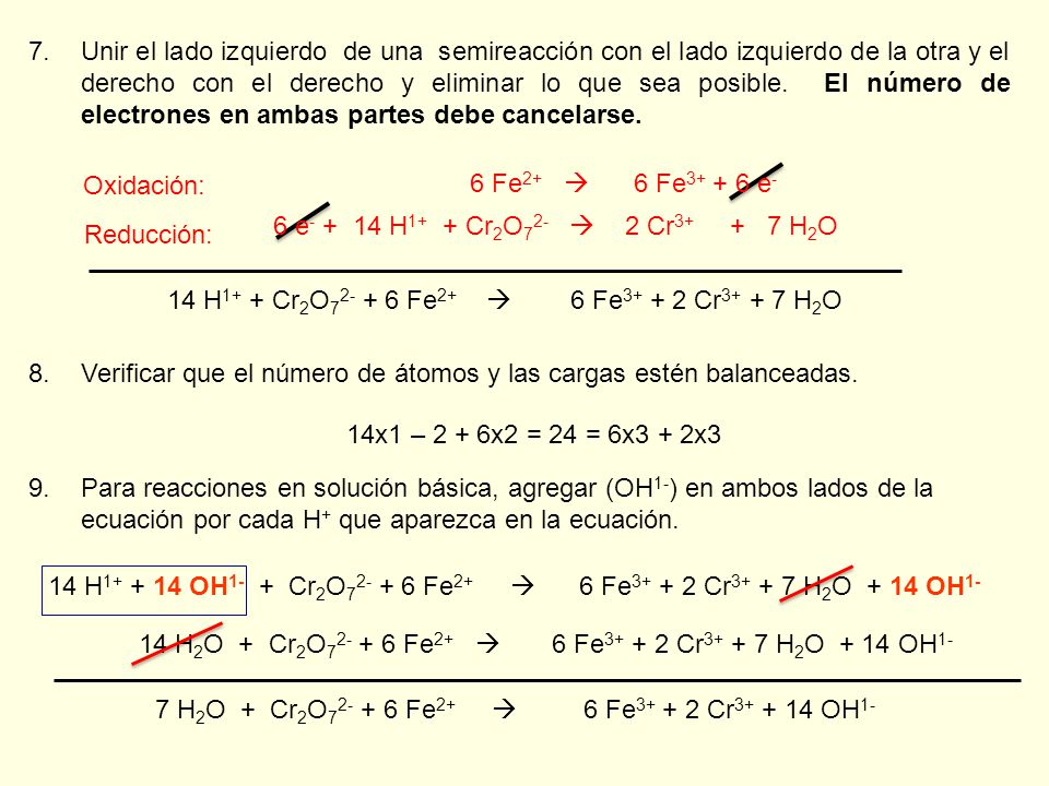 Unir el lado izquierdo de una semireacción con el lado izquierdo de la otra y el derecho con el derecho y eliminar lo que sea posible. El número de electrones en ambas partes debe cancelarse.