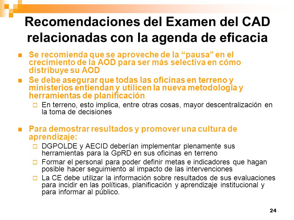 Recomendaciones del Examen del CAD relacionadas con la agenda de eficacia
