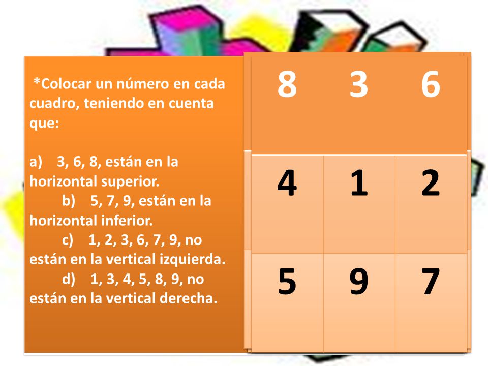 *Colocar un número en cada cuadro, teniendo en cuenta que: