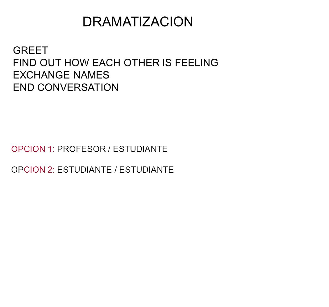 DRAMATIZACION GREET FIND OUT HOW EACH OTHER IS FEELING EXCHANGE NAMES