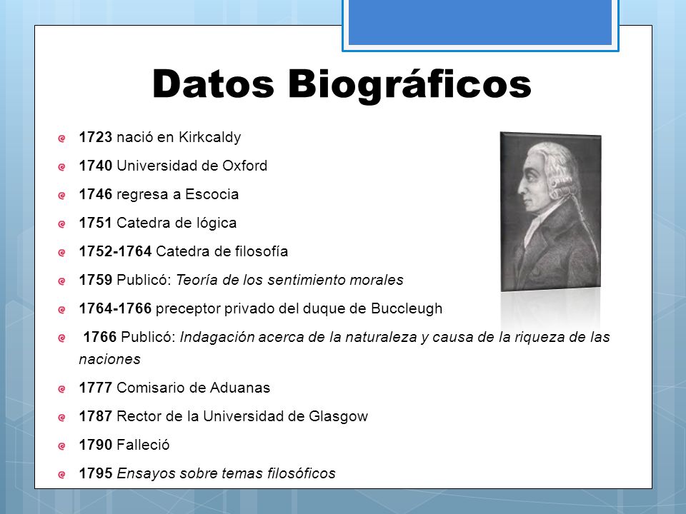 Datos Biográficos 1723 nació en Kirkcaldy 1740 Universidad de Oxford