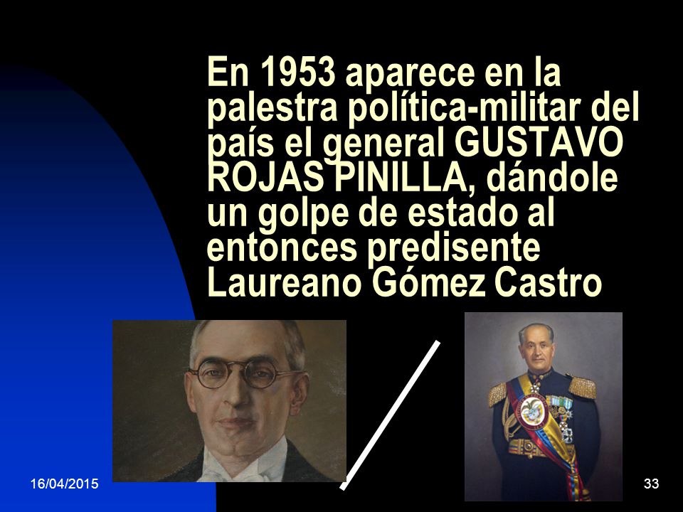 En 1953 aparece en la palestra política-militar del país el general GUSTAVO ROJAS PINILLA, dándole un golpe de estado al entonces predisente Laureano Gómez Castro