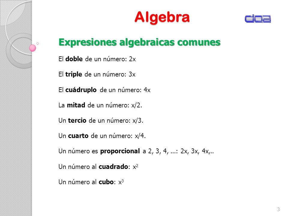 Algebra Expresiones algebraicas comunes El doble de un número: 2x