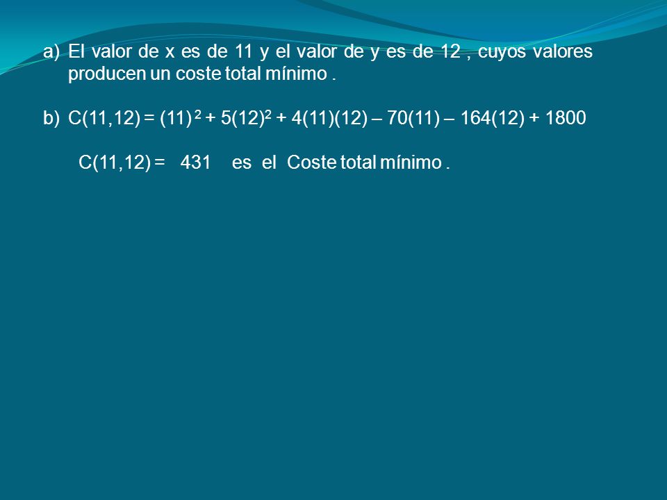 El valor de x es de 11 y el valor de y es de 12 , cuyos valores producen un coste total mínimo .
