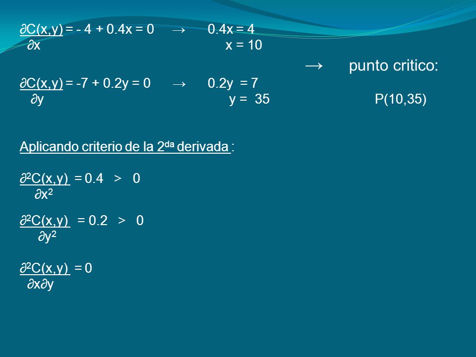 ∂C(x,y) = x = 0 → 0.4x = 4 ∂x x = 10.
