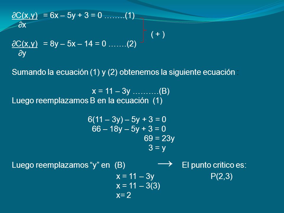 ∂C(x,y) = 6x – 5y + 3 = 0 ……..(1) ∂x. ( + ) ∂C(x,y) = 8y – 5x – 14 = 0 …….(2) ∂y.