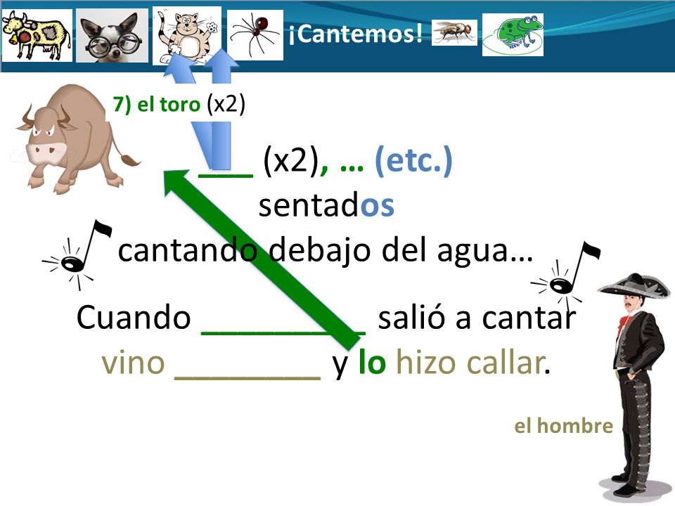 ¡Cantemos! 7) el toro (x2) ___ (x2), … (etc.) sentados cantando debajo del agua… Cuando _________ salió a cantar vino ________ y lo hizo callar.