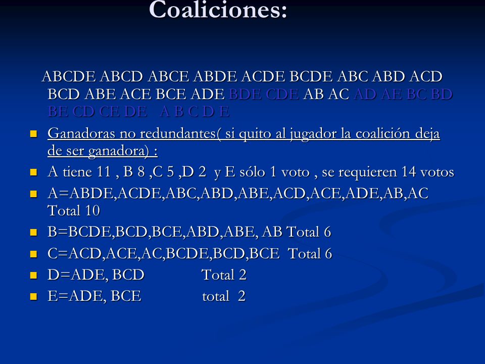 Coaliciones: ABCDE ABCD ABCE ABDE ACDE BCDE ABC ABD ACD BCD ABE ACE BCE ADE BDE CDE AB AC AD AE BC BD BE CD CE DE A B C D E.