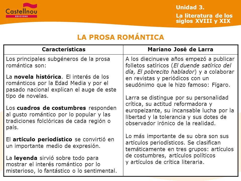LA PROSA ROMÁNTICA Unidad 3. La literatura de los siglos XVIII y XIX