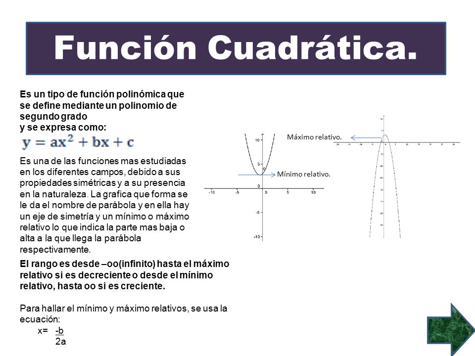Función Cuadrática. Es un tipo de función polinómica que se define mediante un polinomio de segundo grado.