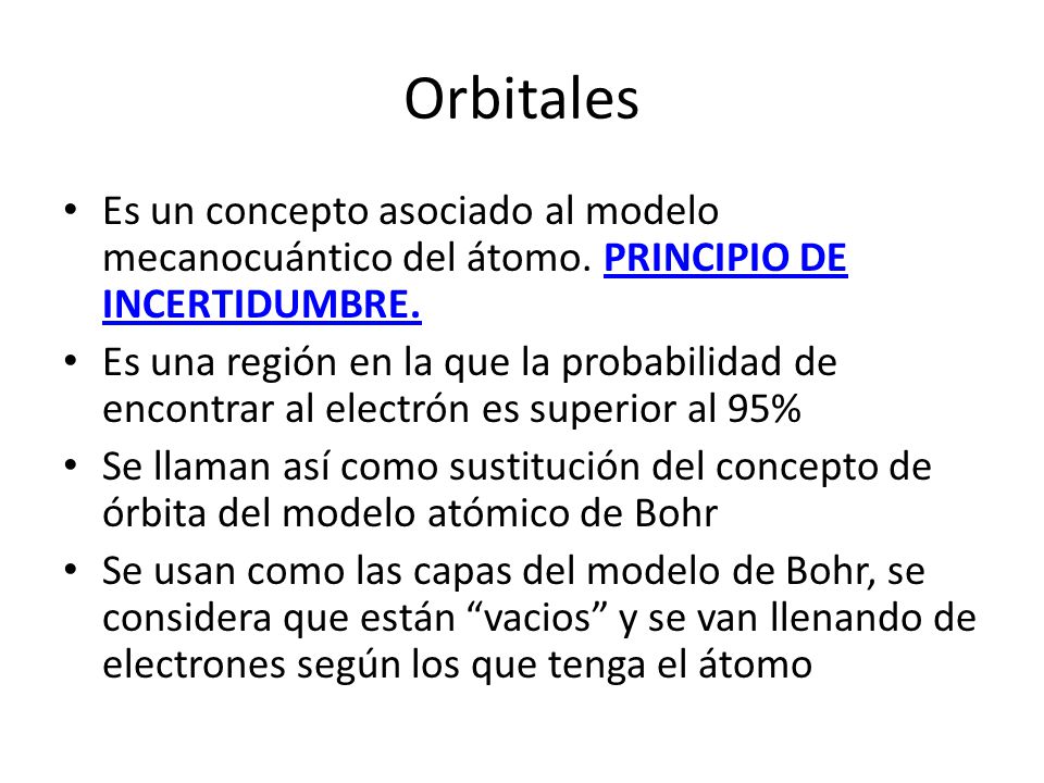 Orbitales Es un concepto asociado al modelo mecanocuántico del átomo. PRINCIPIO DE INCERTIDUMBRE.