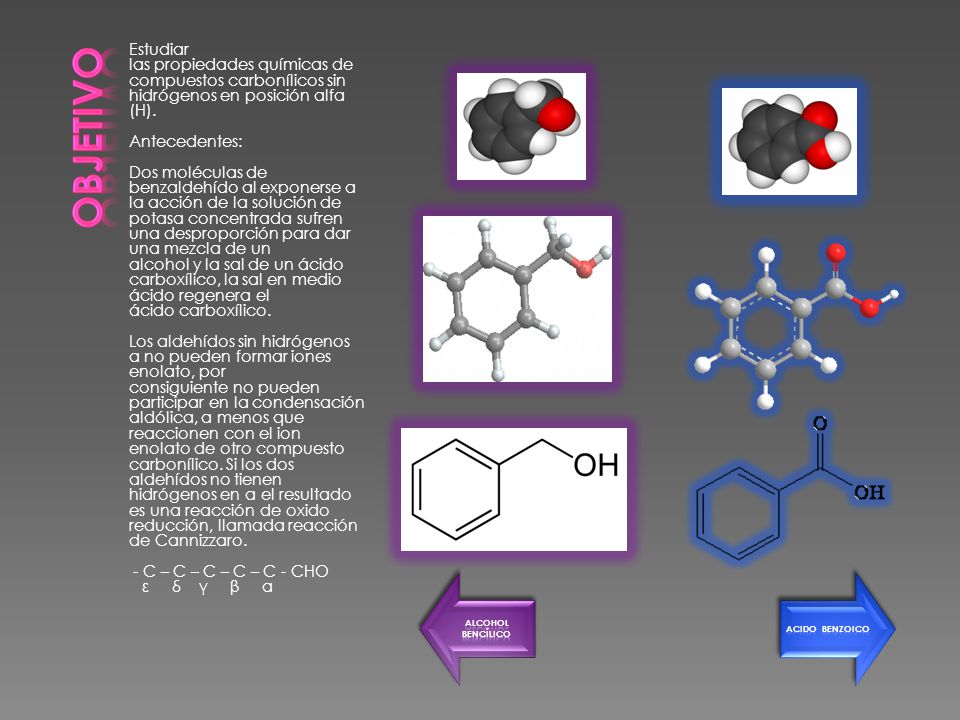 Objetivo Estudiar las propiedades químicas de compuestos carbonílicos sin hidrógenos en posición alfa (H).