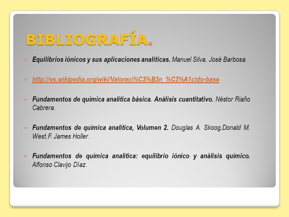 BIBLIOGRAFÍA. Equilibrios iónicos y sus aplicaciones analíticas. Manuel Silva, José Barbosa.