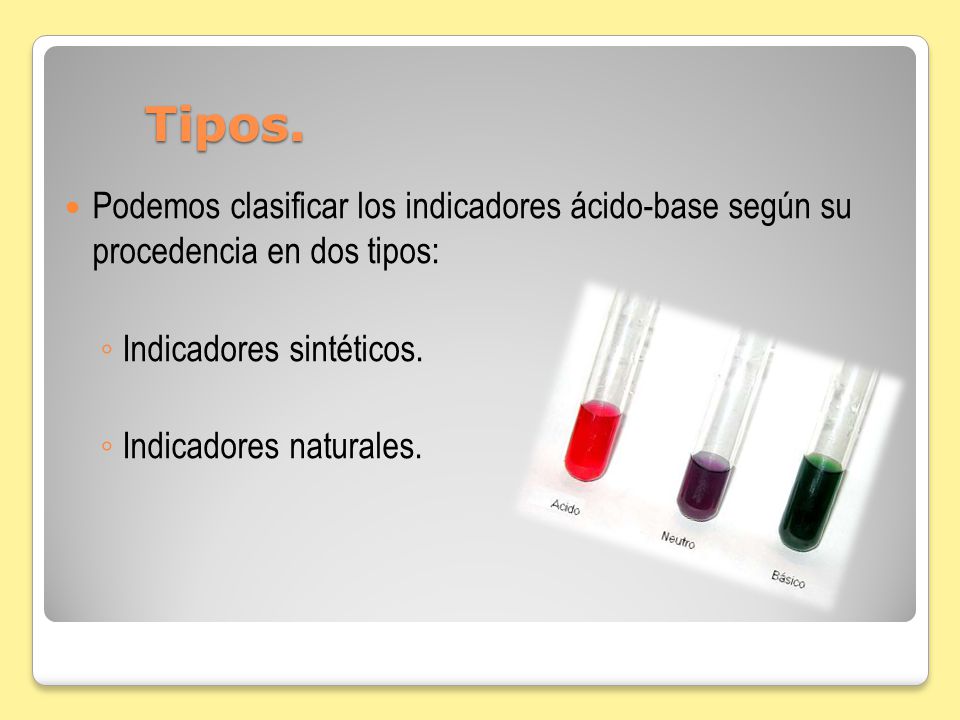 Tipos. Podemos clasificar los indicadores ácido-base según su procedencia en dos tipos: Indicadores sintéticos.