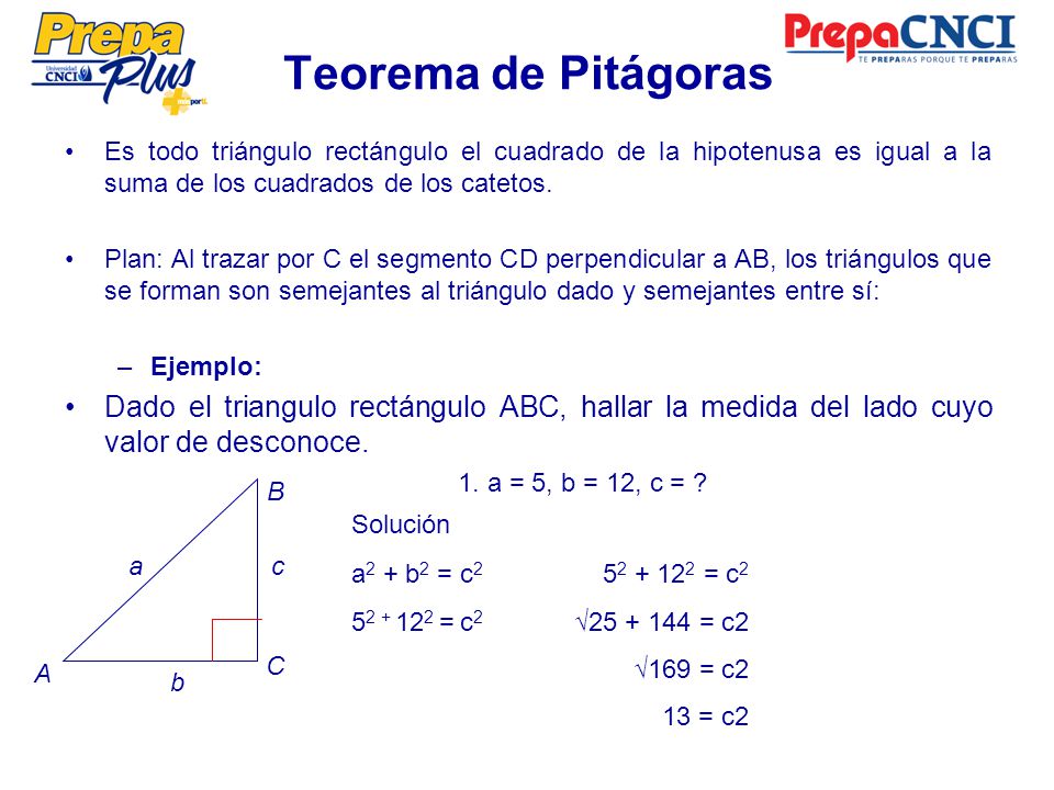 Teorema de Pitágoras Es todo triángulo rectángulo el cuadrado de la hipotenusa es igual a la suma de los cuadrados de los catetos.