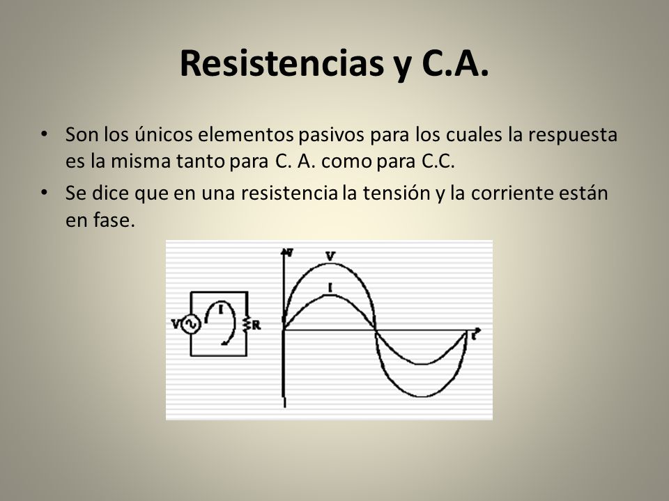 Resistencias y C.A. Son los únicos elementos pasivos para los cuales la respuesta es la misma tanto para C. A. como para C.C.