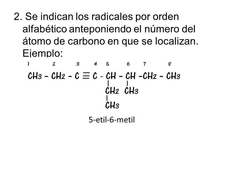 2. Se indican los radicales por orden alfabético anteponiendo el número del átomo de carbono en que se localizan. Ejemplo: