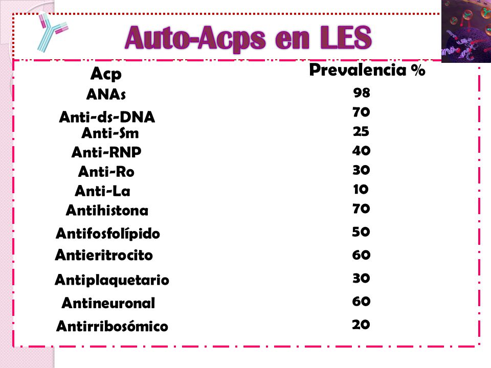 Auto-Acps en LES Prevalencia % Acp Anti-ds-DNA Antieritrocito 98 ANAs