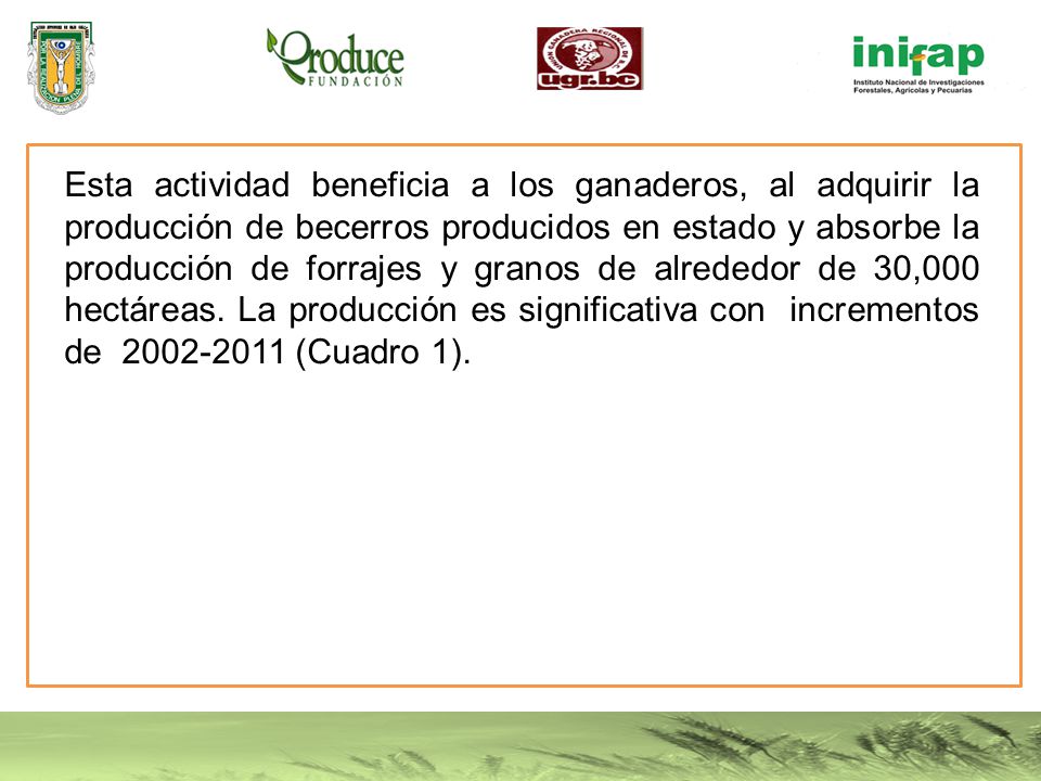 Esta actividad beneficia a los ganaderos, al adquirir la producción de becerros producidos en estado y absorbe la producción de forrajes y granos de alrededor de 30,000 hectáreas.
