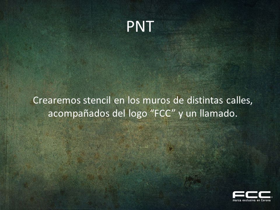 PNT Crearemos stencil en los muros de distintas calles, acompañados del logo FCC y un llamado.