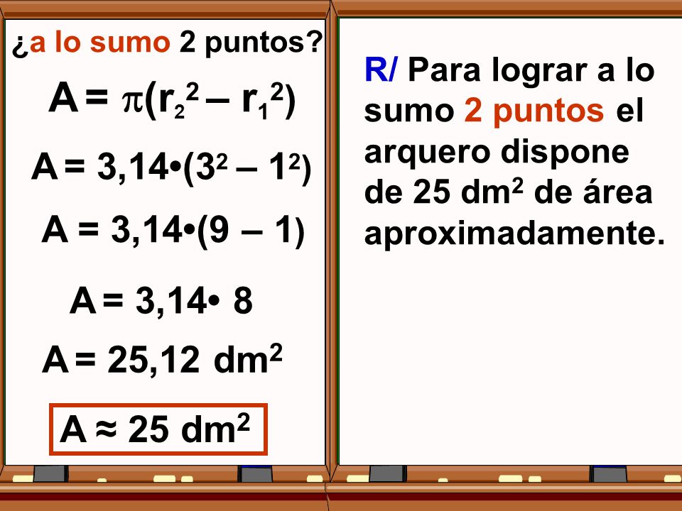 A = (r22 – r12) A = 3,14•(32 – 12) A = 3,14•(9 – 1) A = 3,14• 8