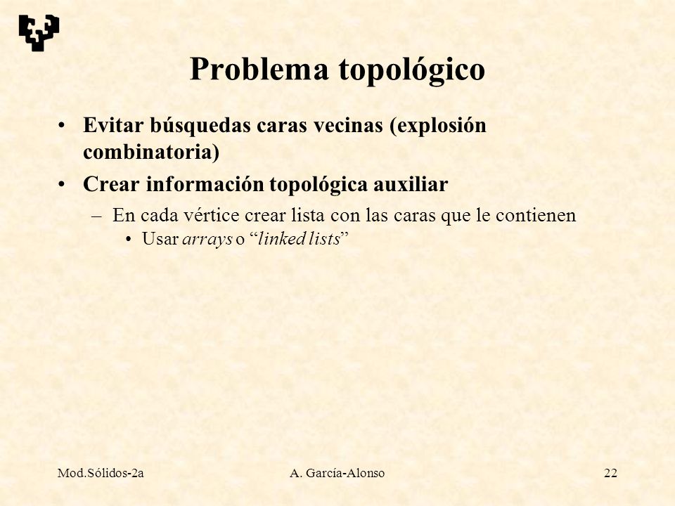 Problema topológico Evitar búsquedas caras vecinas (explosión combinatoria) Crear información topológica auxiliar.