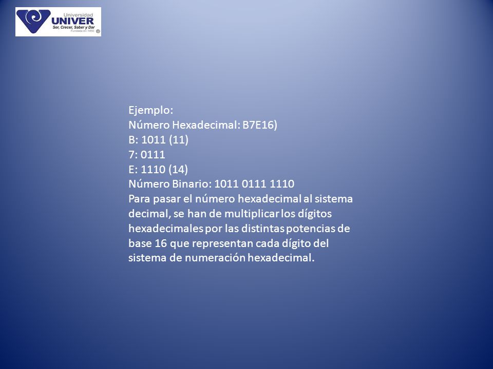 Ejemplo: Número Hexadecimal: B7E16) B: 1011 (11) 7: E: 1110 (14) Número Binario: