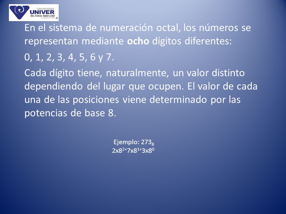 En el sistema de numeración octal, los números se representan mediante ocho dígitos diferentes: