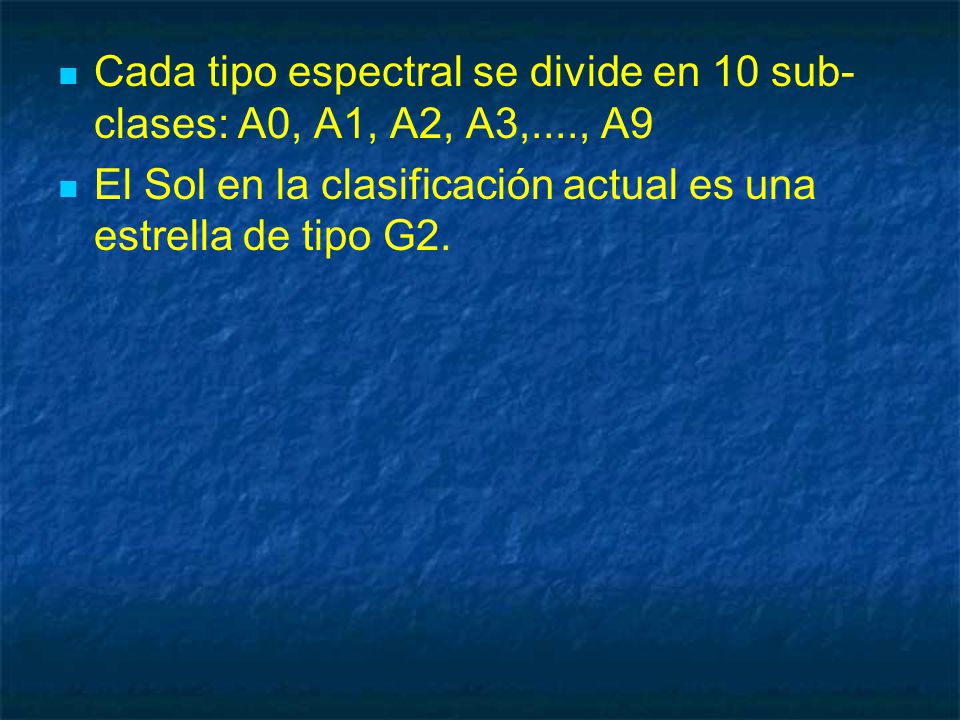 Cada tipo espectral se divide en 10 sub-clases: A0, A1, A2, A3,...., A9