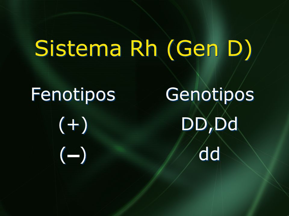 Sistema Rh (Gen D) Fenotipos (+) ( ) Genotipos DD,Dd dd