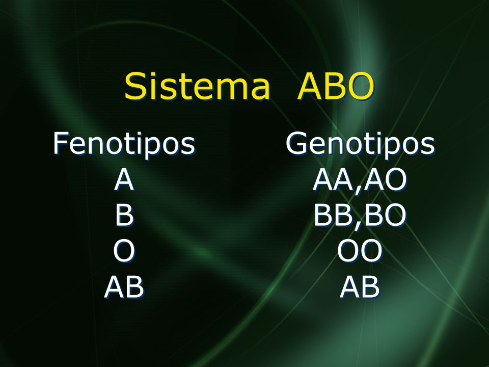 Sistema ABO Fenotipos A B O AB Genotipos AA,AO BB,BO OO AB