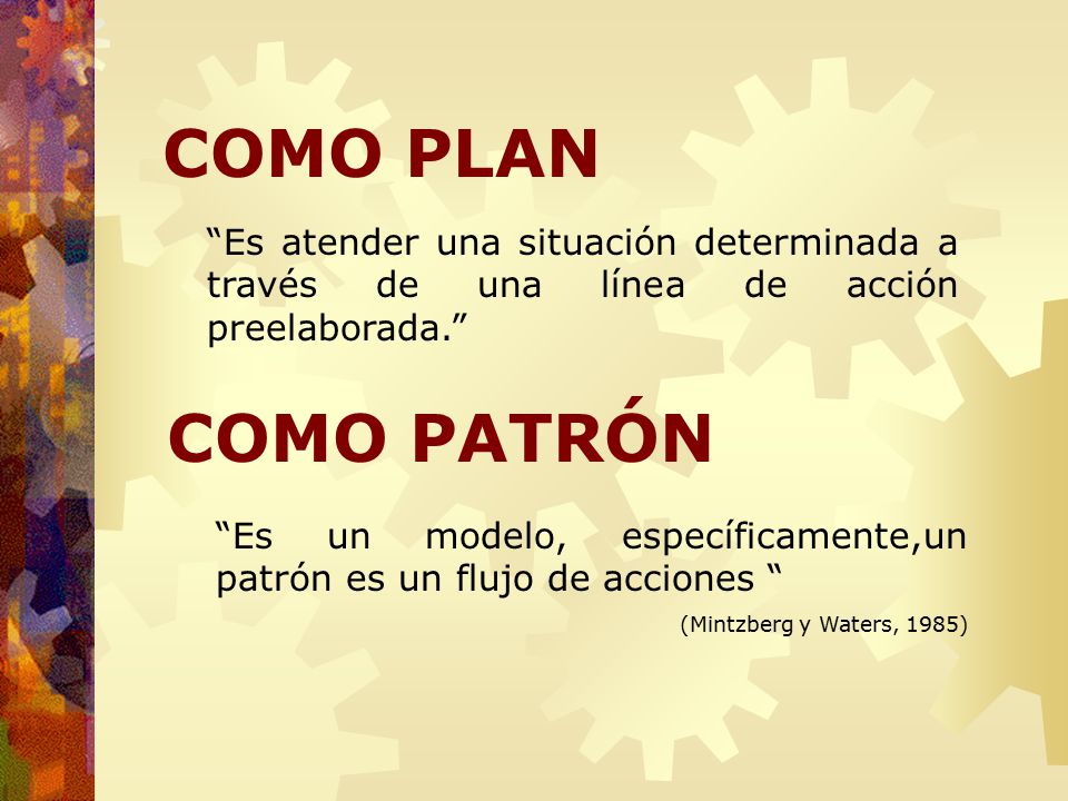 COMO PLAN Es atender una situación determinada a través de una línea de acción preelaborada. COMO PATRÓN.