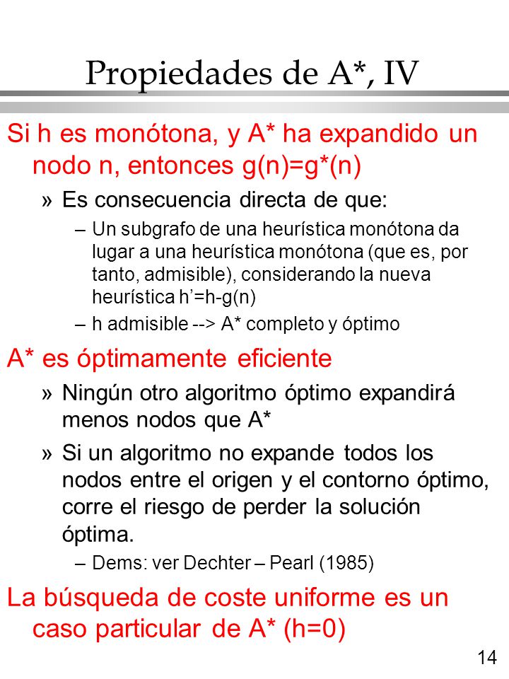 Propiedades de A*, IV Si h es monótona, y A* ha expandido un nodo n, entonces g(n)=g*(n) Es consecuencia directa de que: