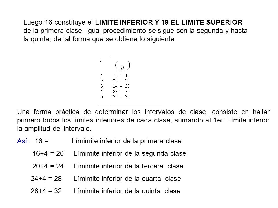 Luego 16 constituye el LIMITE INFERIOR Y 19 EL LIMITE SUPERIOR de la primera clase. Igual procedimiento se sigue con la segunda y hasta la quinta; de tal forma que se obtiene lo siguiente: