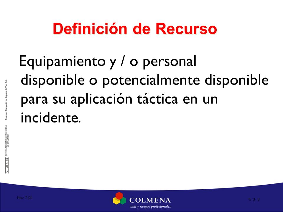 Definición de Recurso Equipamiento y / o personal disponible o potencialmente disponible para su aplicación táctica en un incidente.