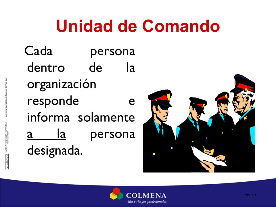 Unidad de Comando Cada persona dentro de la organización responde e informa solamente a la persona designada.