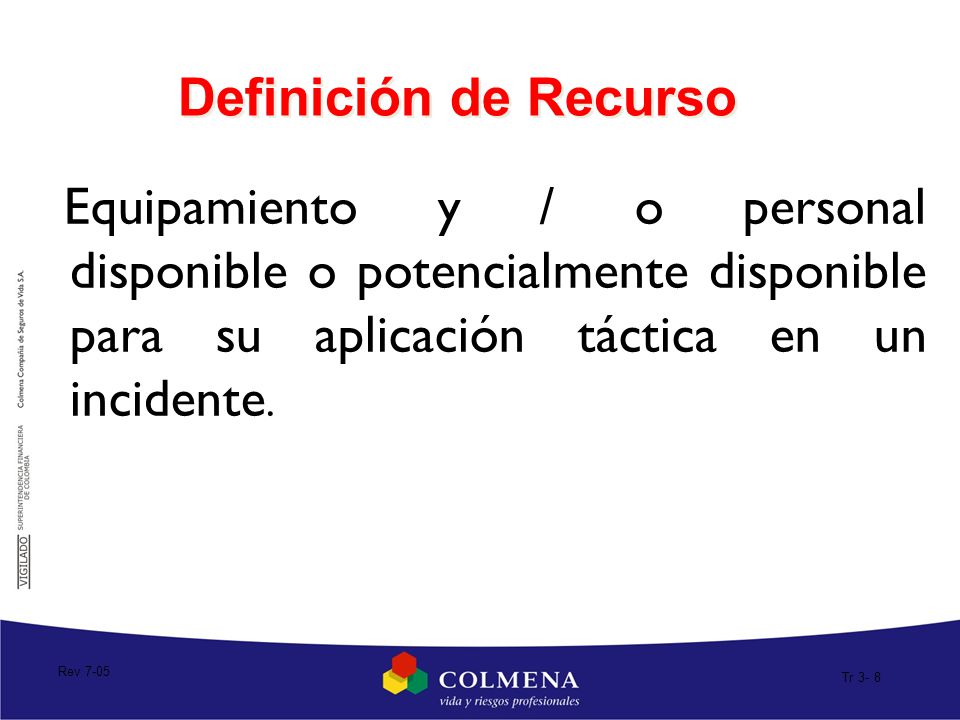 Definición de Recurso Equipamiento y / o personal disponible o potencialmente disponible para su aplicación táctica en un incidente.