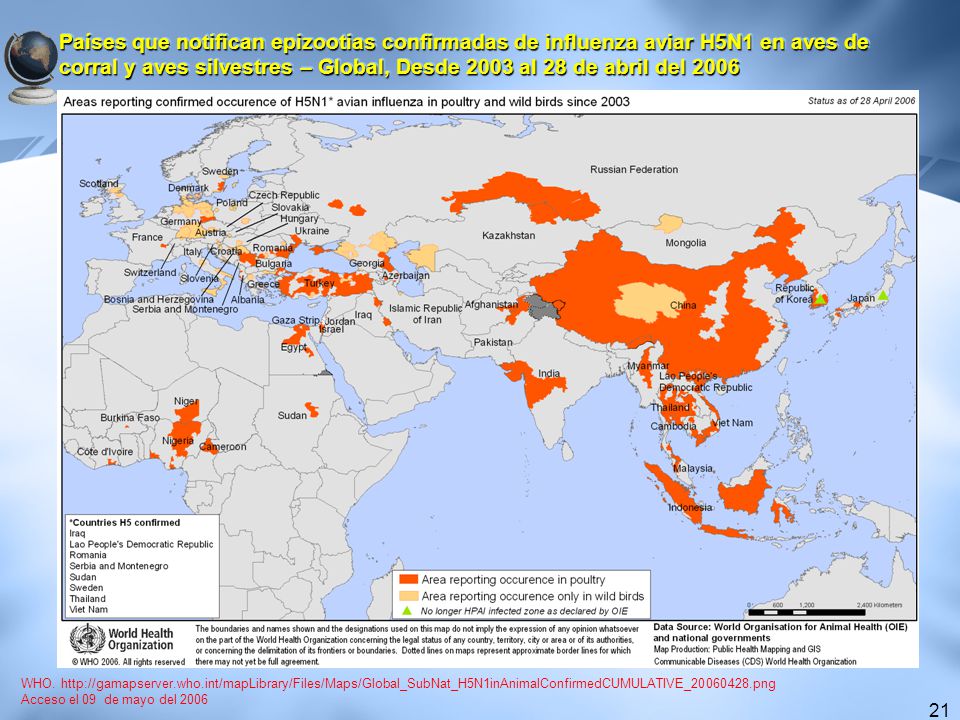 Países que notifican epizootias confirmadas de influenza aviar H5N1 en aves de corral y aves silvestres – Global, Desde 2003 al 28 de abril del 2006
