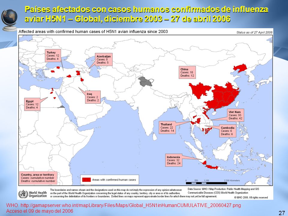 Países afectados con casos humanos confirmados de influenza aviar H5N1 – Global, diciembre 2003 – 27 de abril 2006