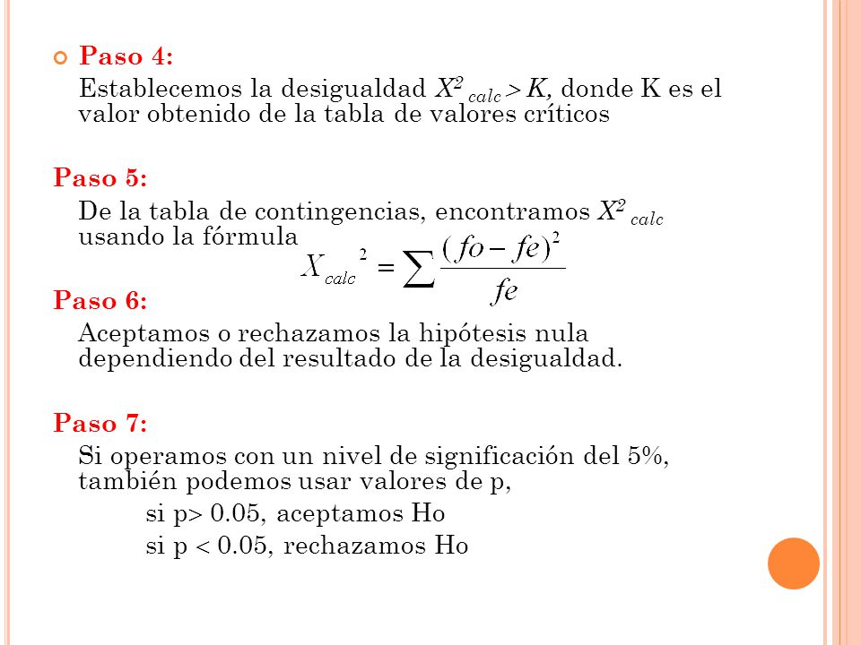 Paso 4: Establecemos la desigualdad X2 calc  K, donde K es el valor obtenido de la tabla de valores críticos.