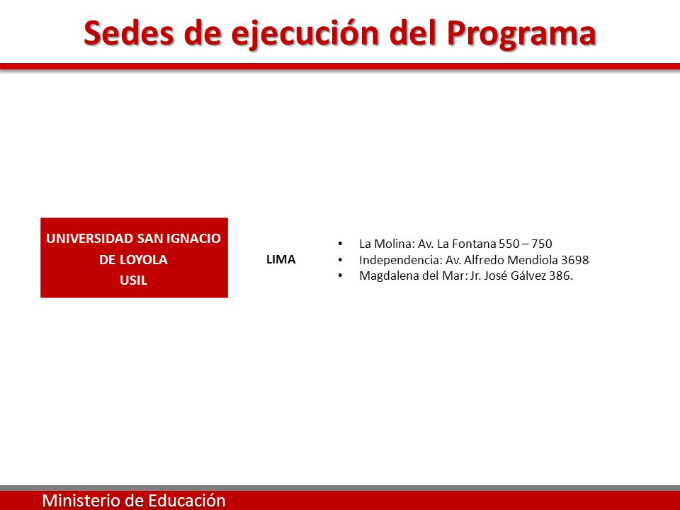 Sedes de ejecución del Programa UNIVERSIDAD SAN IGNACIO DE LOYOLA